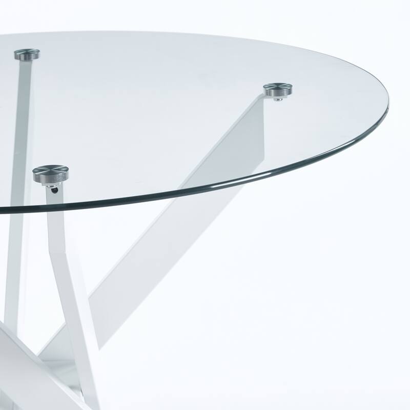 Modern Round Glass Dining Table for 2 to 4 Person, Circle Kitchen Table with Tempered Glass Top and Cross Metal Legs