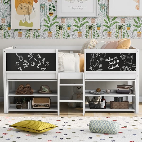 slide 2 of 24, Twin Low Loft Kids Bed Frame with Guardrail Chalkboard & Movable Shelves, White White