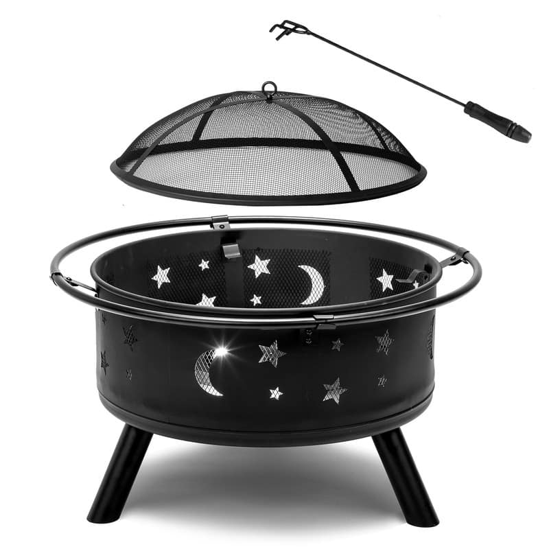 30-inch Outdoor Fire Pit with Beautiful Star and Moon Cutouts - 29.92"D x 29.92"W x 22.44"H - Black