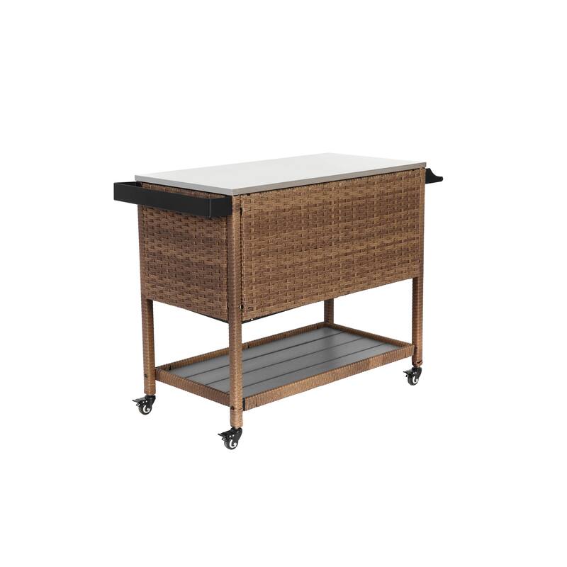 Outdoor Wicker Bar Cart, Patio Wine Serving Cart w/Wheels, Rolling Rattan Beverage Bar Counter Table w/Glass Top