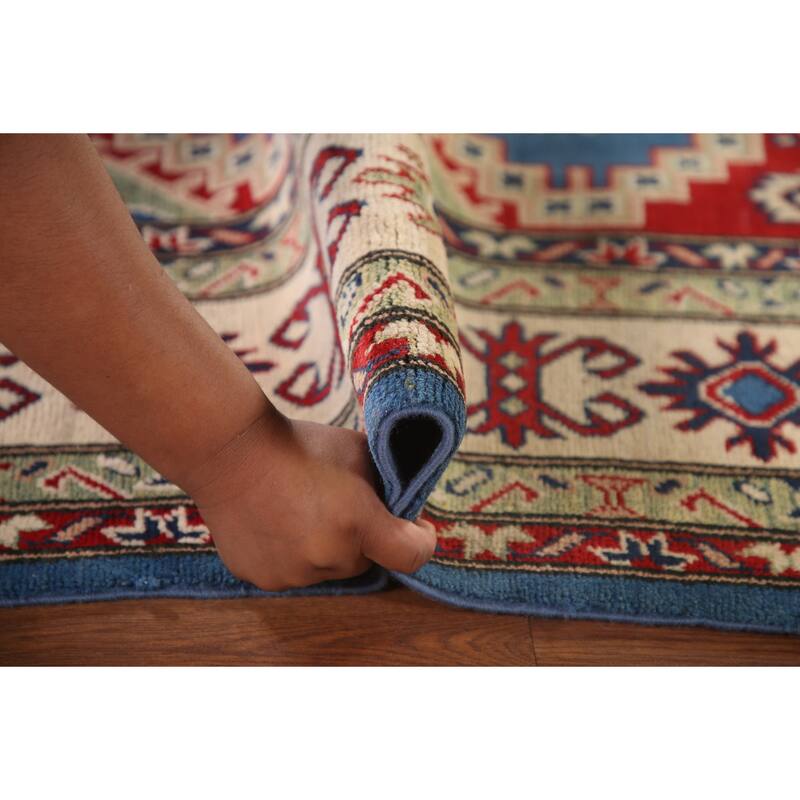 Blue Geometric Kazak Area Rug Handmade Oriental Wool Carpet - 6'8" x 9'9"