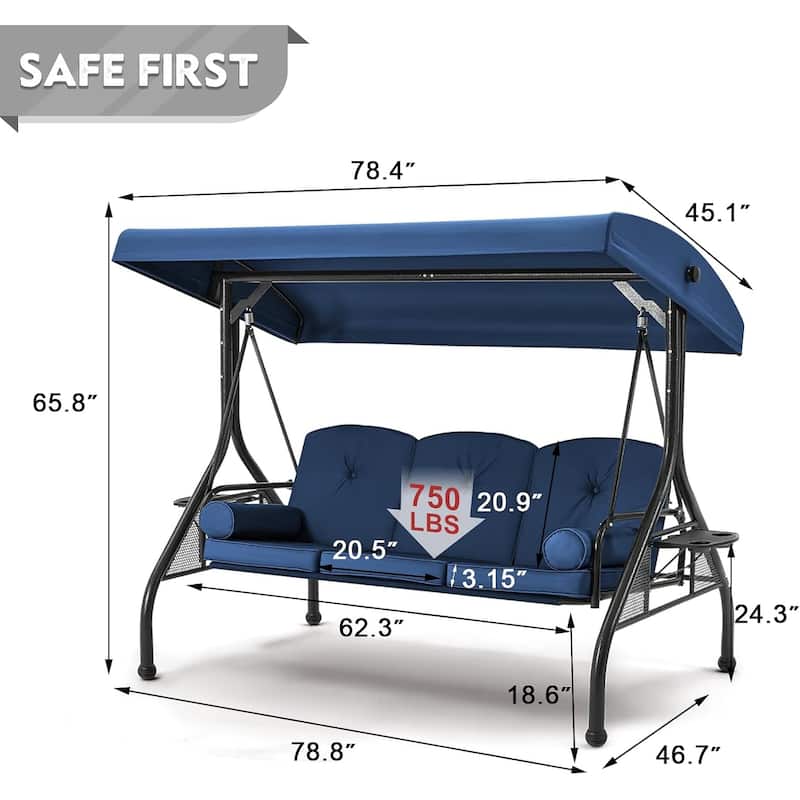 Outdoor 3-Seat Porch Swing with Adjustable Canopy & Cup Holder,Porch Swing Glider Chair, Heavy-Duty Steel Frame