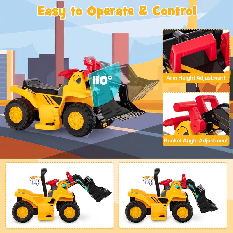 6V Kids Ride On Bulldozer with Folding Basketball Hoop and Balls - 33" x 14" x 17" (L x W x H)