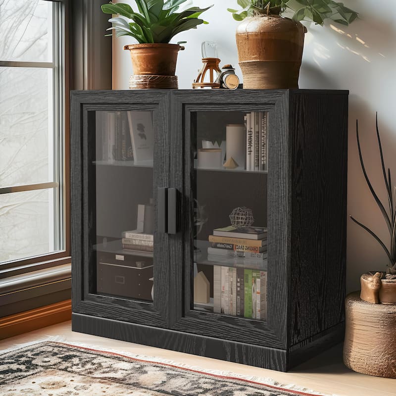 Wood Bookshelf Storage Cabinet with 2 Glass Door and Adjustable Shelf for Kitchen Bedroom Entryway Living Room Dinning Room