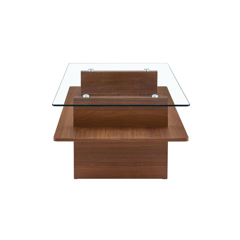 Modern Double-Tier Coffee Table with Tempered Glass Top & Walnut MDF Shelf - Contemporary Living Room/Office Accent Furniture
