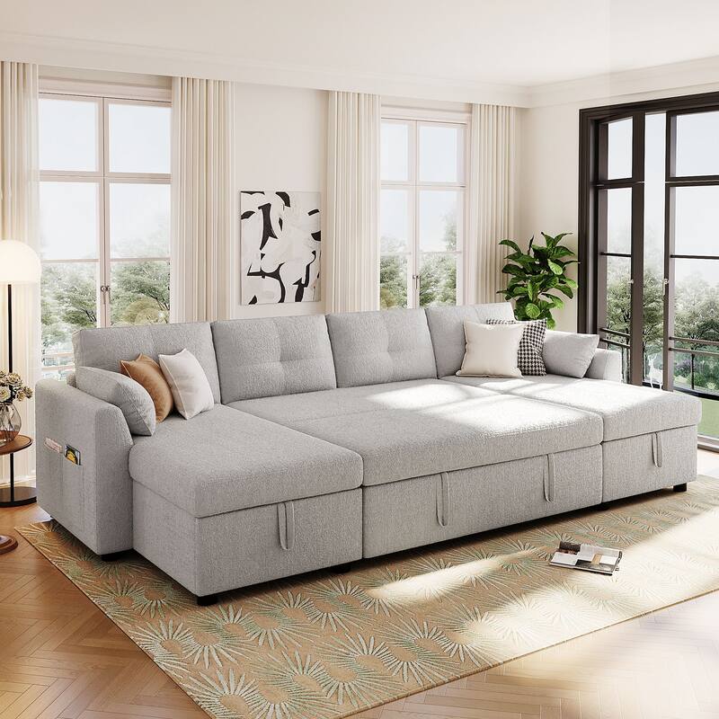 107" U-Shaped Sleeper Sectional Sofa with Storage & USB Ports - Modern Convertible Sofa Bed for Living Room - Grey