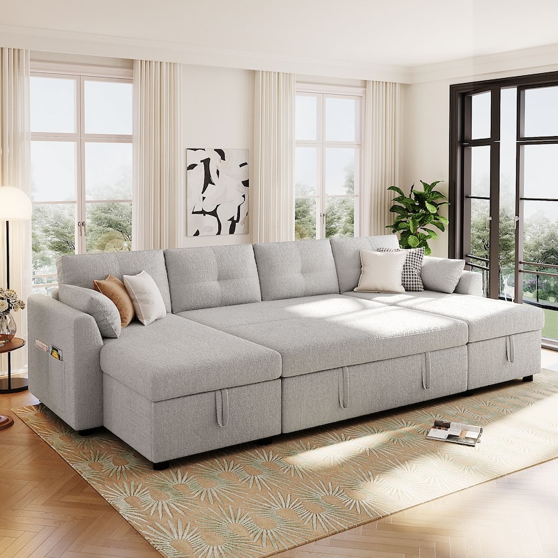 Teddy Fabric Sectional Sofa Convertible Sleeper Sofa Modern U-Shaped Couch Dual Storage Chaise Lounge with Pockets and USB Ports - Grey
