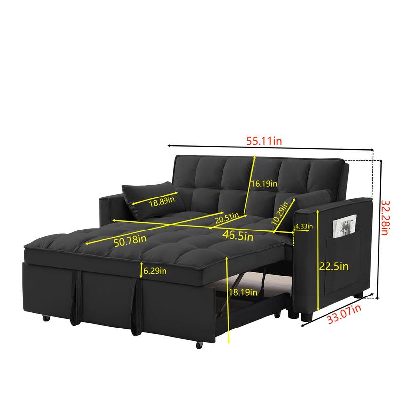 Modern 3 in 1 Convertible Black Velvet Loveseat Futon Sofa Couch w/Pullout Bed