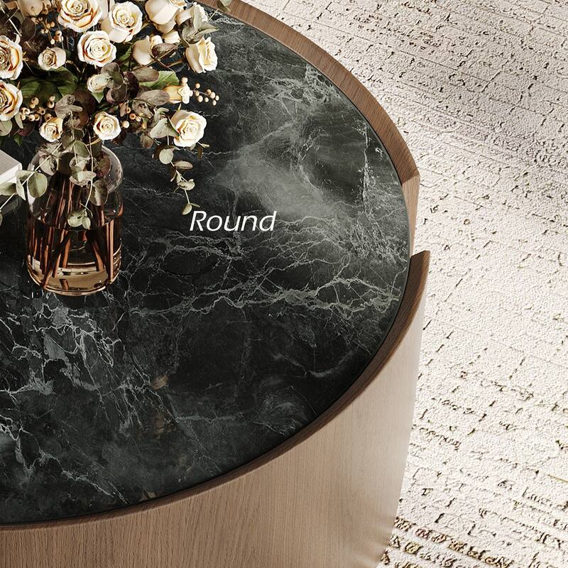 35.43" Modern Round Coffee Table, Dark Brown Solid wood, Glossy Faux Marble Table top, for Living Room