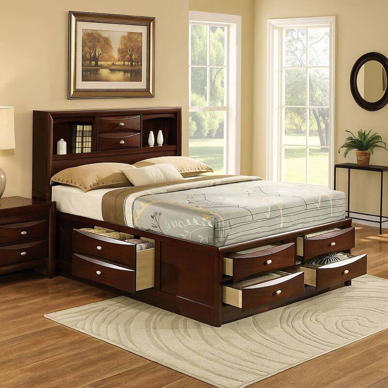 Simo Queen Bed, Bookcase Headboard, Footboard and Rail Drawers, Brown