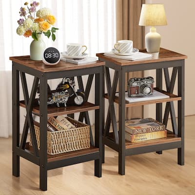 VECELO Modern Side Tables with 3-tier Storage Shelves X-Shaped Nightstand Set of 2 for Living Room and Bedroom