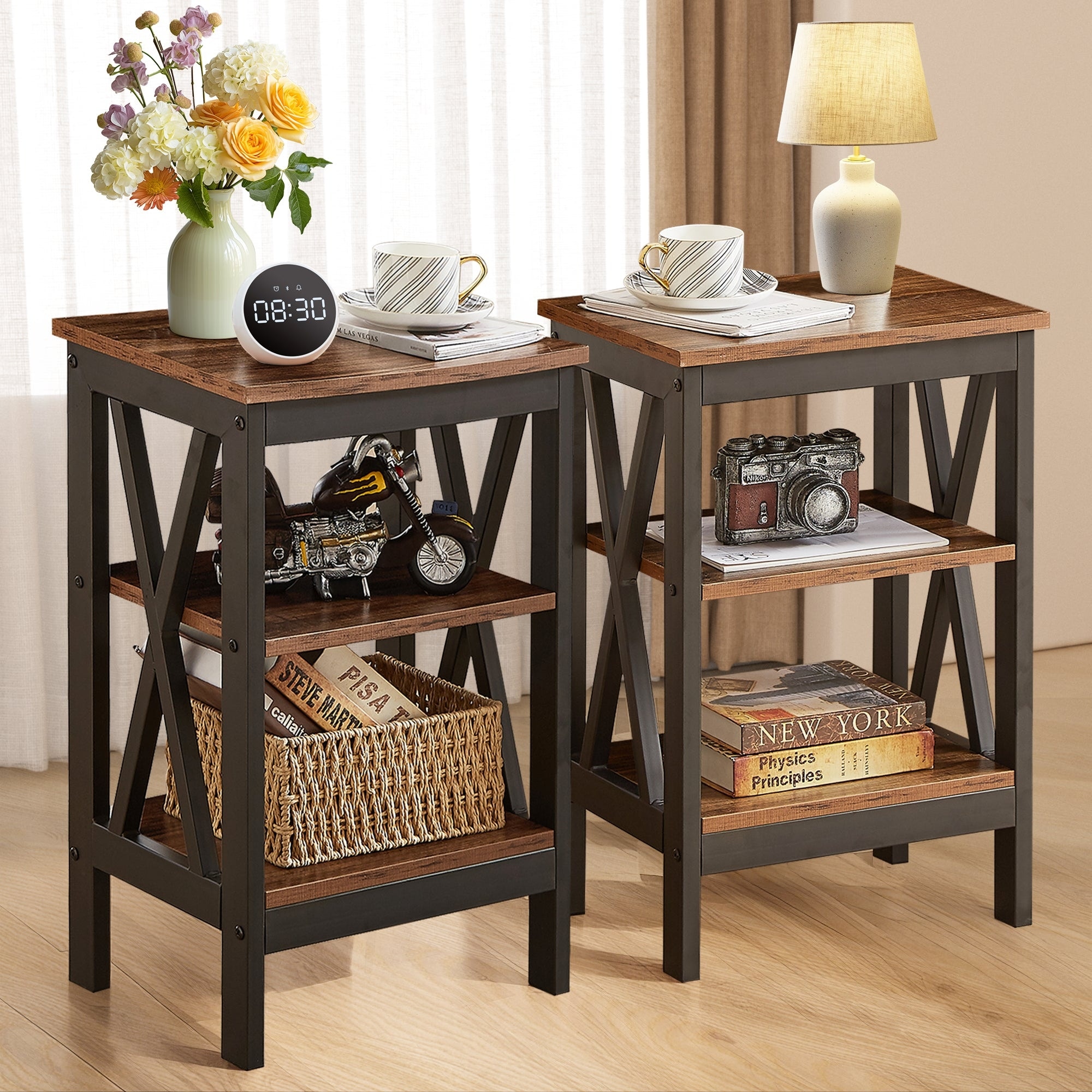 VECELO Set of 2 Industrial 3-Tier End Tables with X-Shaped Steel Frame & Waterproof MDF Shelves for Bedside Living Room