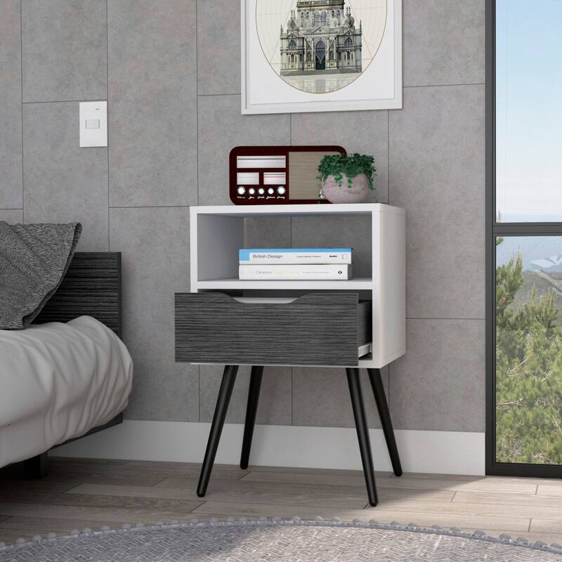 25-inch Nightstand with Superior Top, Open Shelf, and Drawer in Smokey White