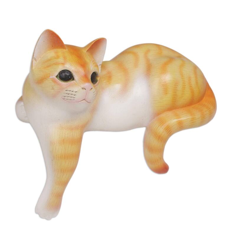 Wood sculpture, 'Watchful Orange Cat'