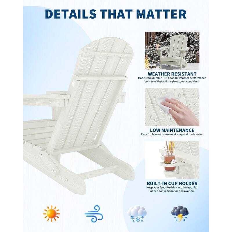 2-Pack Folding Adirondack Chairs HDPE All-Weather Outdoor Seating with Cup Holder and Wood-Look Texture