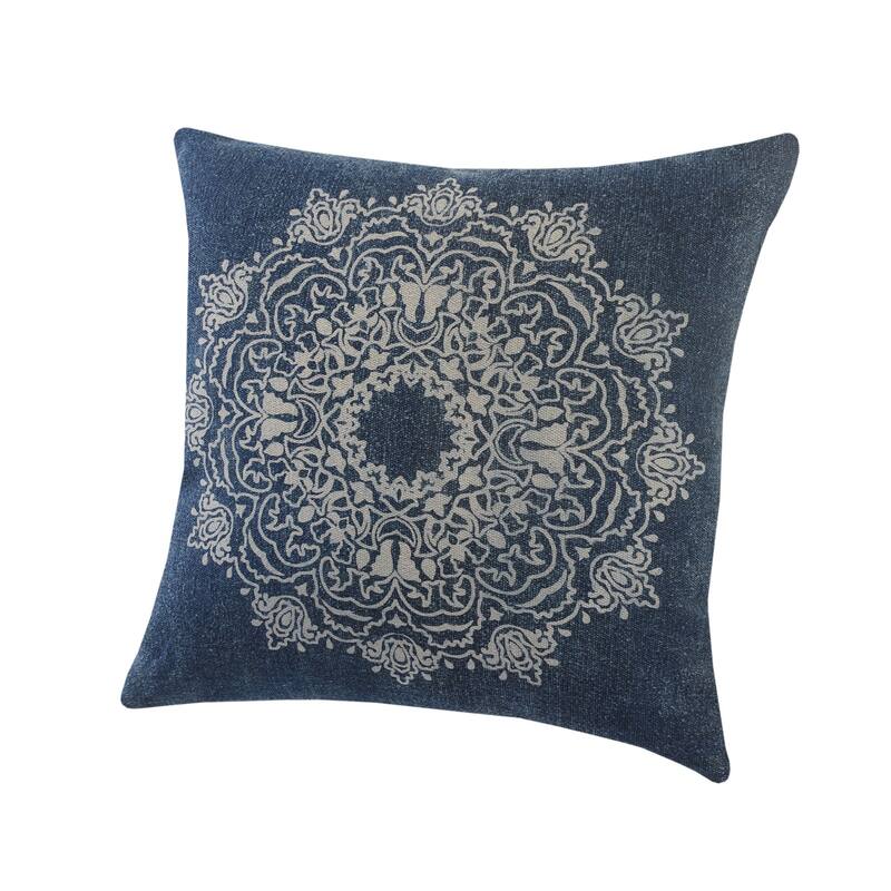 20" Navy Blue and Cream Medallion Square Throw Pillow