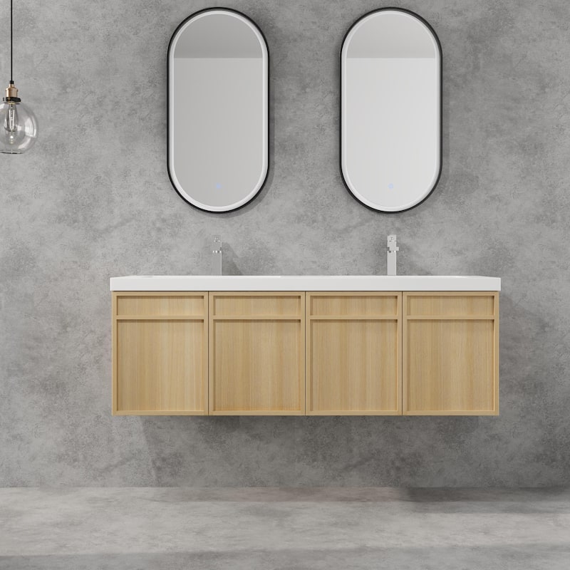 BNK 48/60 inch Wall-Mounted Bathroom Vanity With Sink, Floating Bathroom Vanity with Soft Close Doors - 59.06''W×19.69''D×20.88''H - Beige