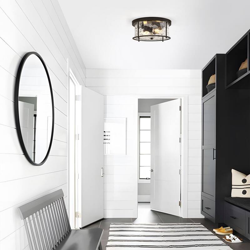 2-Light Flush Mount Water Rippled Glass Ceiling Light with Metal Frame