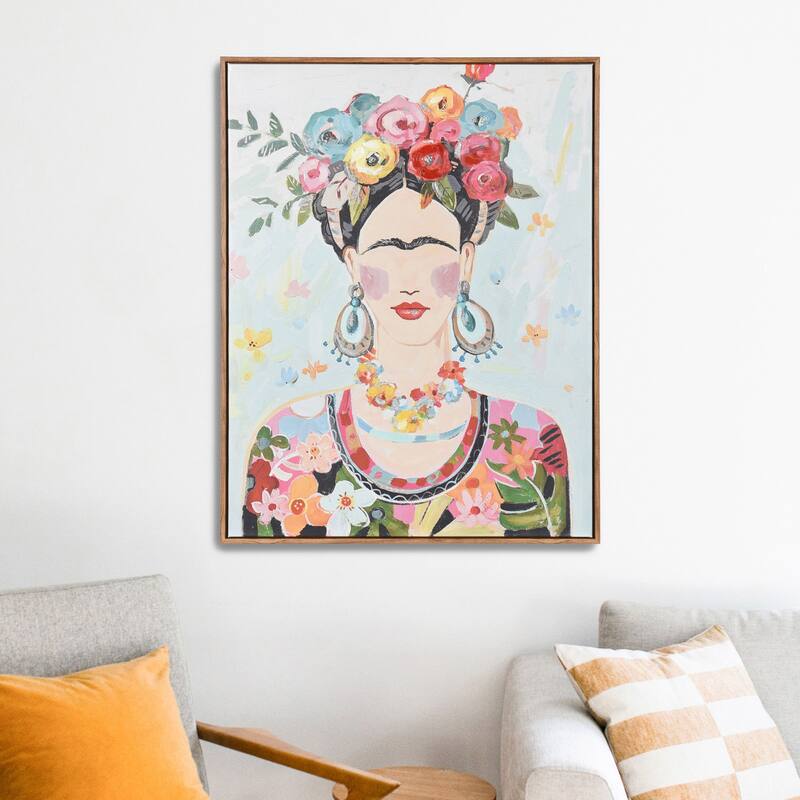 Boho Frida - Acrylic Hand Painted Lady Portrait Wall Art - Natural Wood Frame