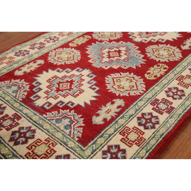 Kazak Foyer Rug Handmade Red Geometric Wool Carpet - 2'8"x 4'0"