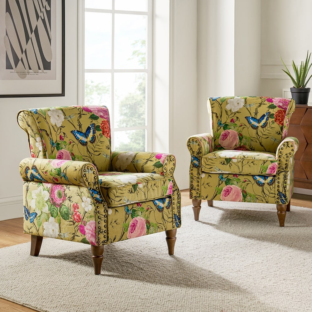 Nyctelius Traditional Polyester Accent Arm Chair with Pattern and Nailhead Trim Set of 2 by HULALA HOME