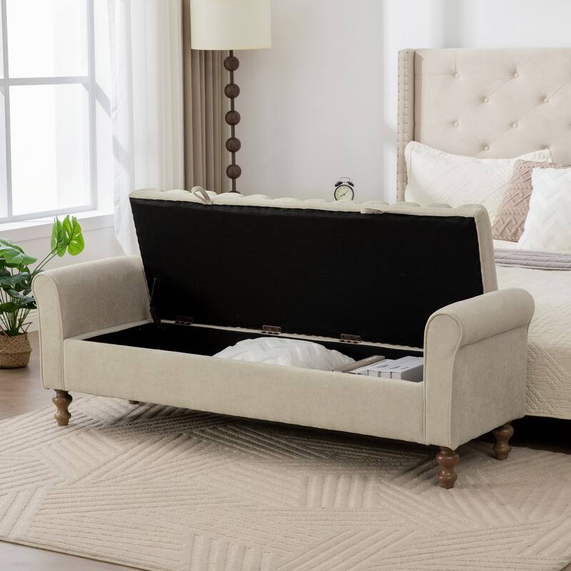 65.6"W Upholstered Storage Bench With Rolled Armrest, Rubberwood Legs