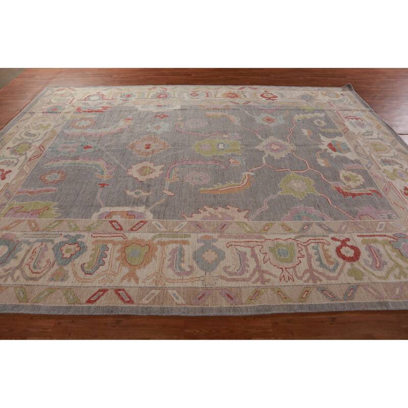 Hand Knotted Oriental 100% Wool Carpet Transitional All-Over Greys & Charcoal Oushak Area Rug - 11' 10'' X 9' 1''