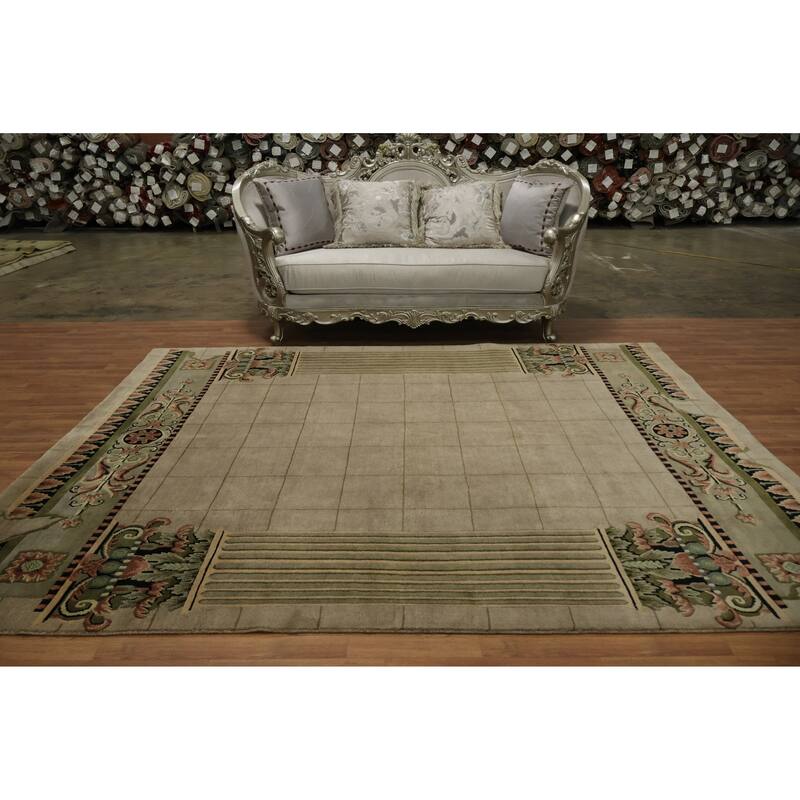 Hand Knotted Oriental 100% Wool Carpet Traditional Contemporary Beige & Ivories Art Deco Area Rug - 10' 0'' X 8' 0''