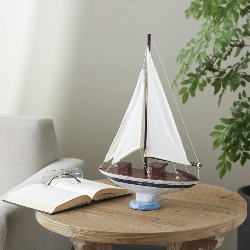 Wood Sail Boat Distressed Decorative Sculpture with Brown Wood and Beaded Accents - White - Roche River Decor