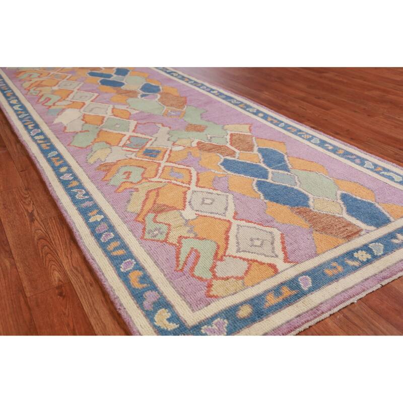 Hand Knotted Oriental 100% Wool Carpet Transitional All-Over Purples Oushak Runner Rug - 7' 10'' X 3' 0''