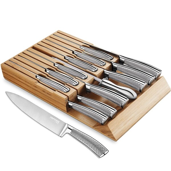 14 Pcs German Stainless Steel Kitchen Knife Set with In Drawer Bamboo Knife Block 7 Chef Knives 6 Serrated Steak Knives On Sale Bed Bath Beyond 40142452