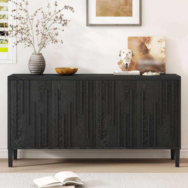 Farmhouse 59.8in 4 Doors Sideboard with Hidden Handle - Black