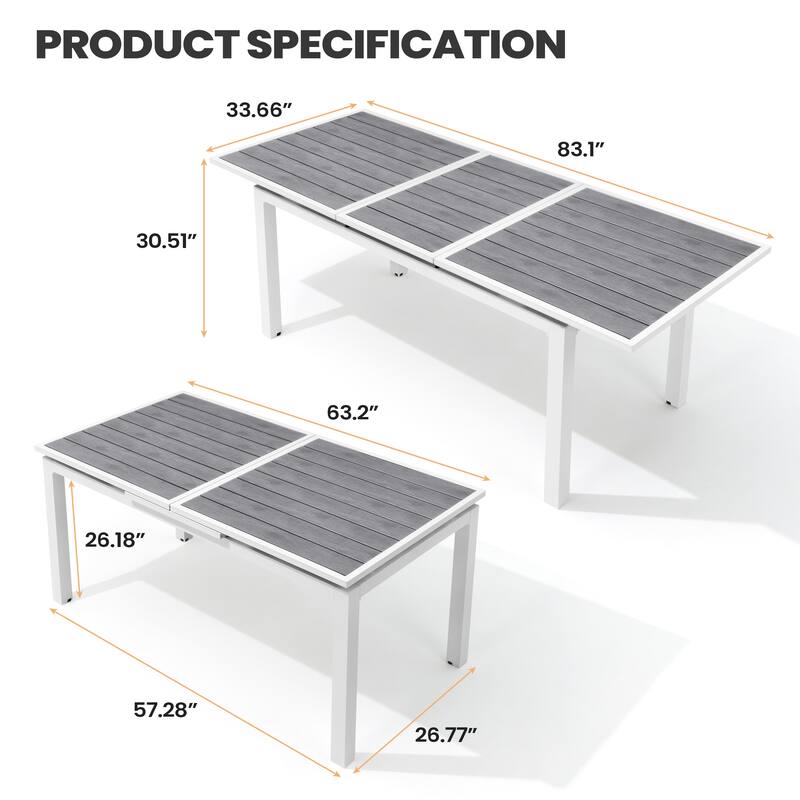 VredHom Outdoor Aluminum Dining Table 6-Person Patio Expandable Table - 83.1" / 63.2" (L) x 33.66" W x 30.51" H