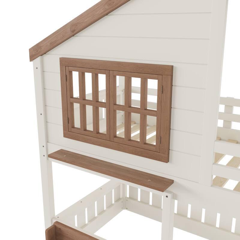 Twin Size Bunk Bed/Loft Bed with Bookshelf, House Design, High-Quality Safety Fencing