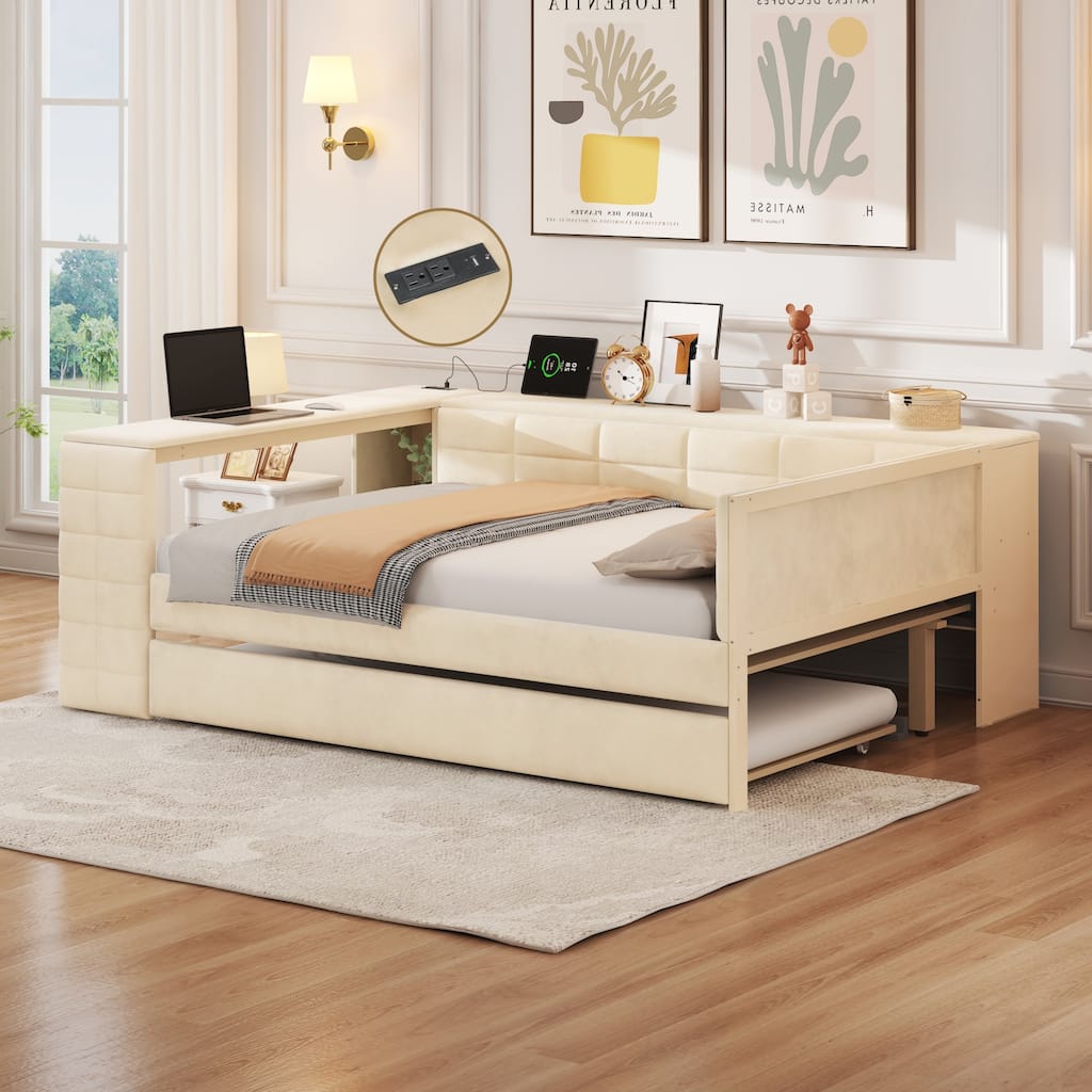 Full Size Upholstered Platform Bed with Storage Shelves Desk Charging Station and Trundle
