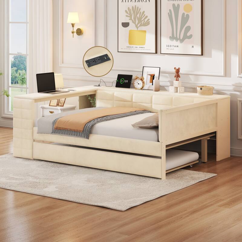 Roomfitters Full Size Upholstered Platform Bed with Built-in Desk, Storage Shelves, Charging Station and Pull-Out Trundle - Beige