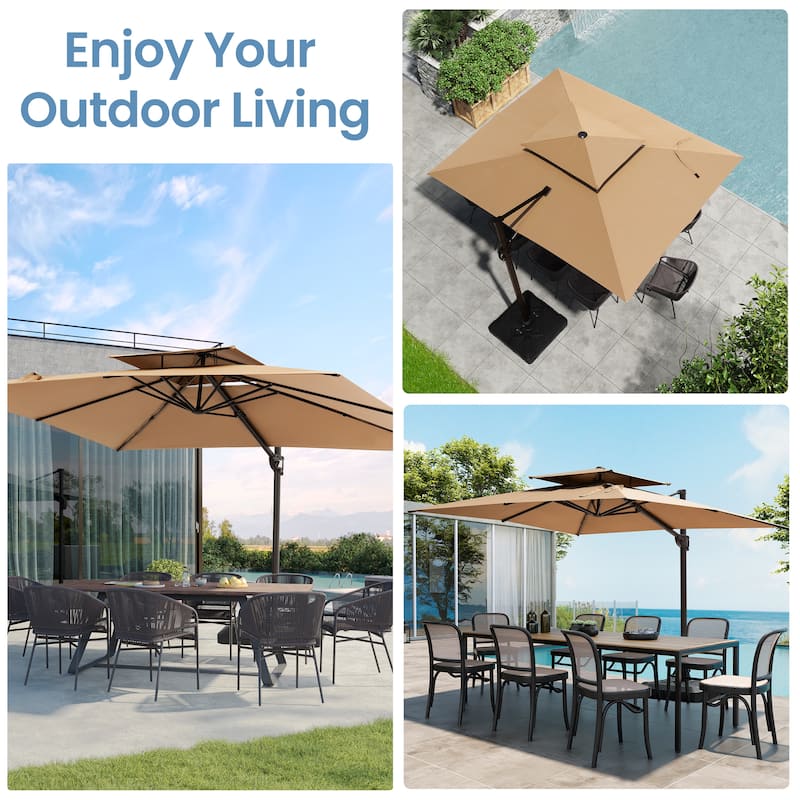 9 FT x 12 FT Outdoor Patio Dual Top Umbrella Cantilever Offset with Base