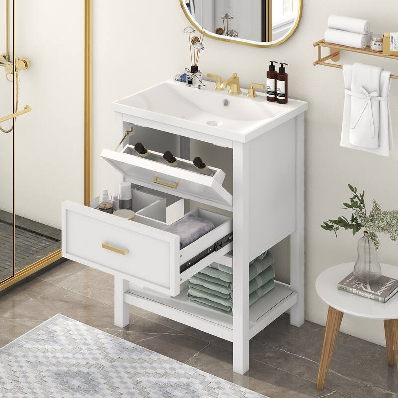 Blue and Gold Bathroom Vanity with Resin Basin Sink, U-Shaped Drawer, Textured Hardware, Storage Cabinet - 24in L MDF
