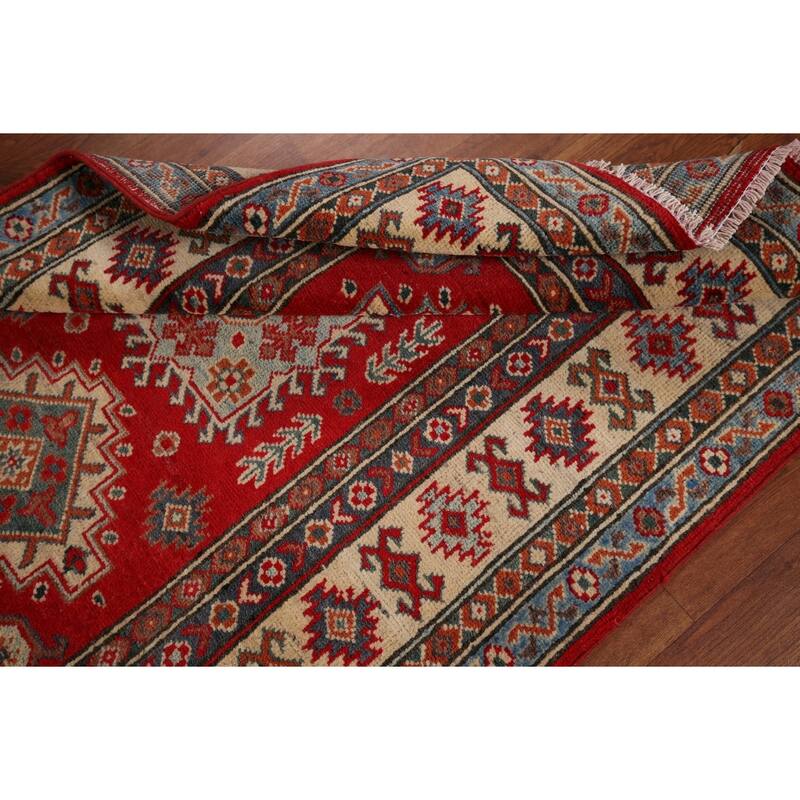 Red Geometric Kazak Oriental Rug Handmade Traditional Wool Carpet - 3'2" x 4'9"