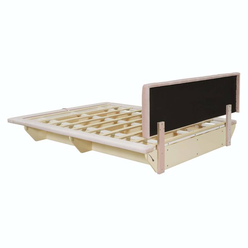 Queen Size Upholstered Floating Bed with LED Light and USB Port