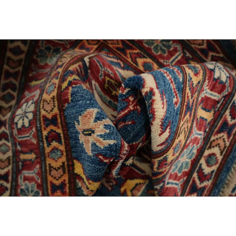 Hand Knotted Oriental 100% Wool Carpet Traditional Geometric Navy Blue & Blues Kazak Runner Rug - 9' 11'' X 2' 7''