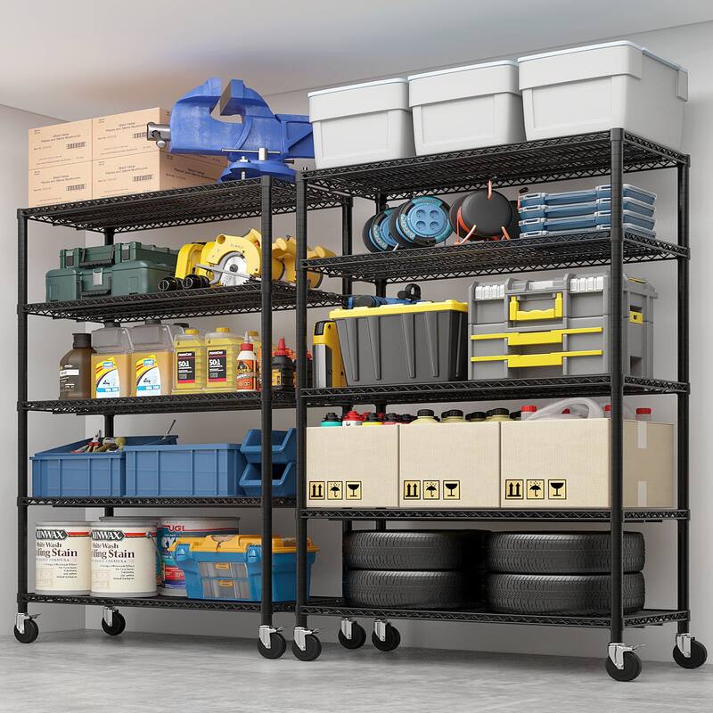 Black Adjustable 5-Layer Steel Wire Storage Shelf with Lockable Caster Wheels for Garage and Home