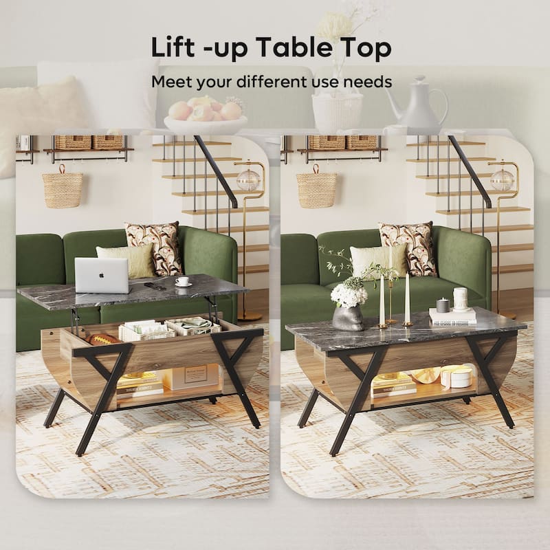 Lift-Top Coffee Table with LED Light and Storage Shelf