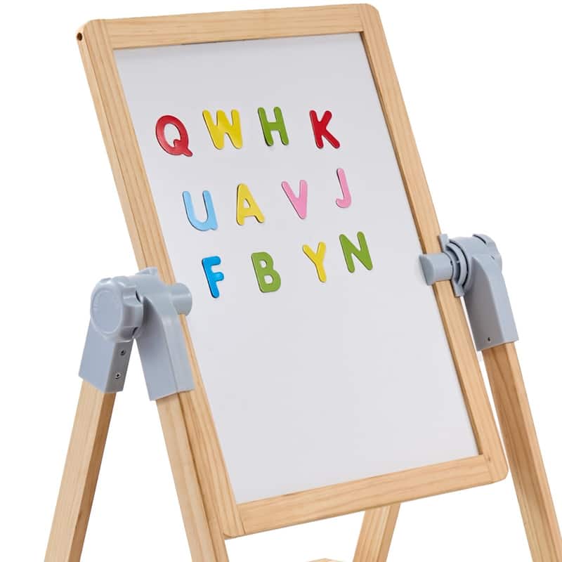 2-in-1 Natural Wooden Double-Sided Wooden Magnetic Whiteboard Chalkboard Art Easel - 19.29”L x 17.12”W x 39.37”H