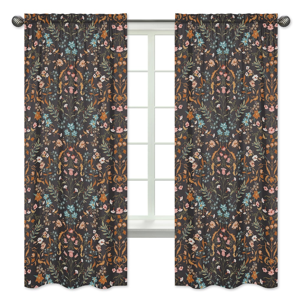 Sweet Jojo Designs Boho Wildflower Vintage Floral Girl 84in Window Treatment Curtain Panel Pair Black Orange Bohemian Farmhouse