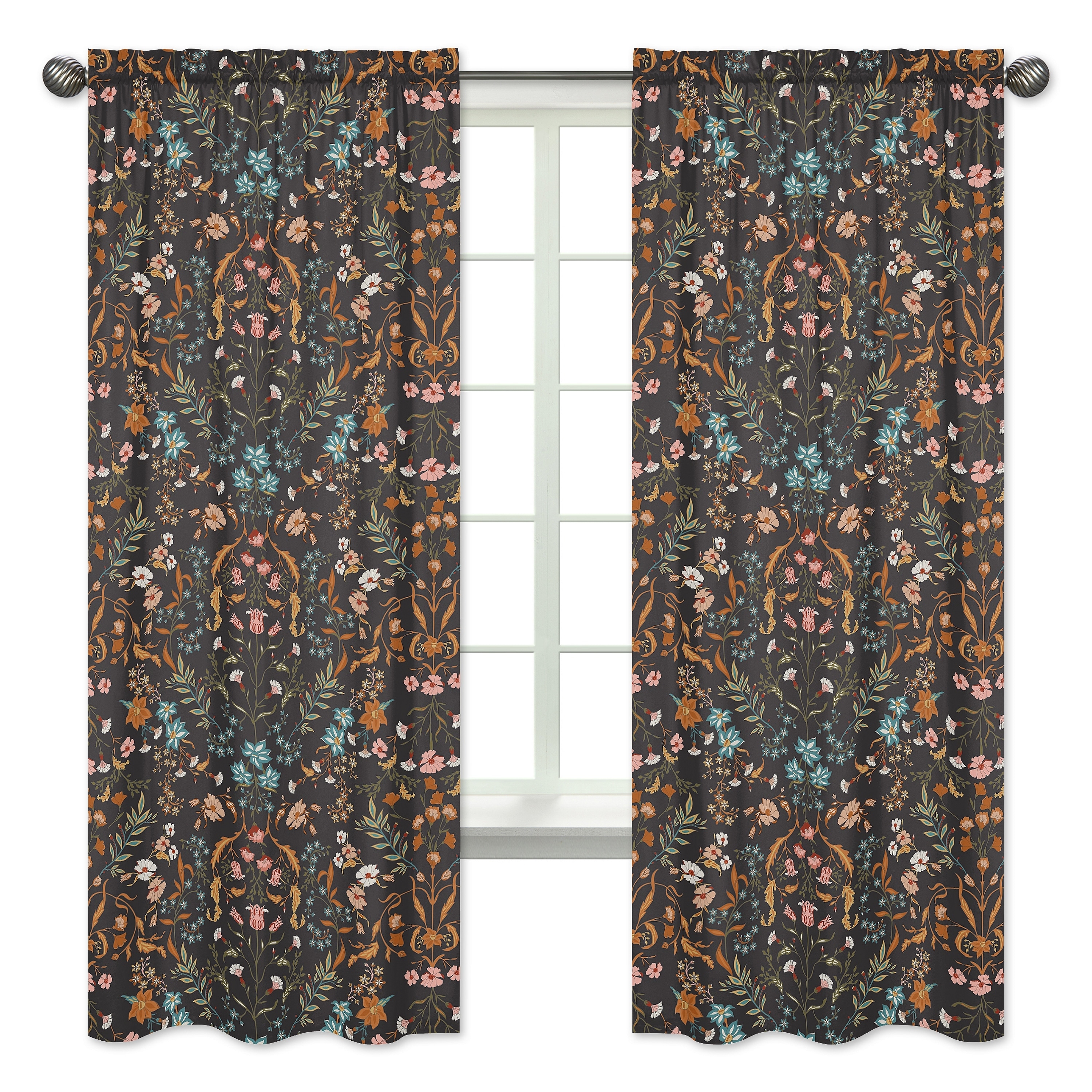 Sweet Jojo Designs Boho Wildflower Vintage Floral Girl 84in Window Treatment Curtain Panel Pair Black Orange Bohemian Farmhouse