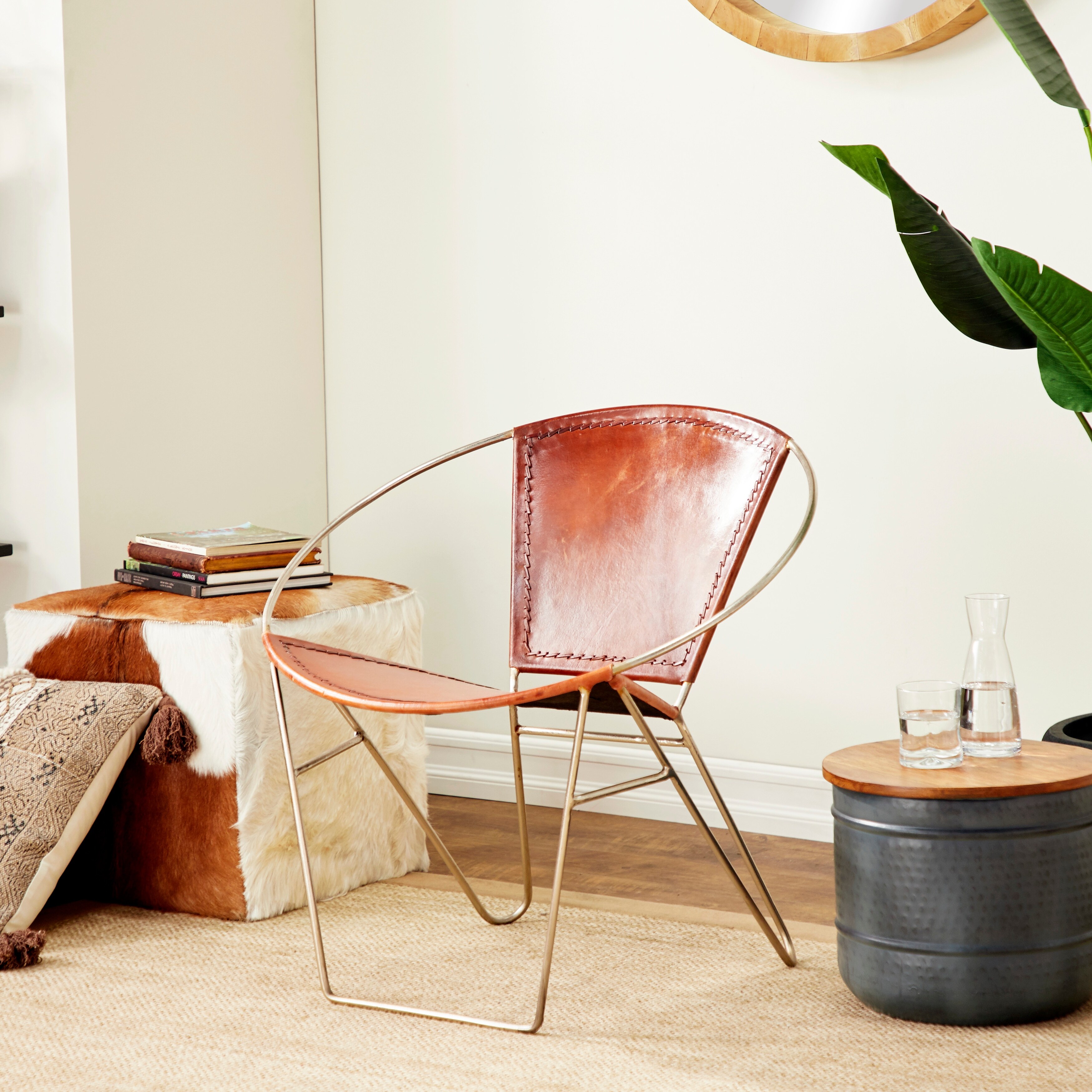 Leather Round Chair with Silver Frame Set of 2 Bed Bath