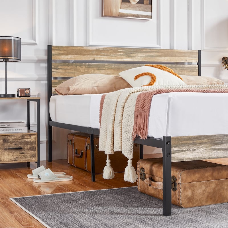 VECELO Industrial Wood Bed Frame with Headboard, Twin Size Beds/Full Size Beds/Queen Size Beds