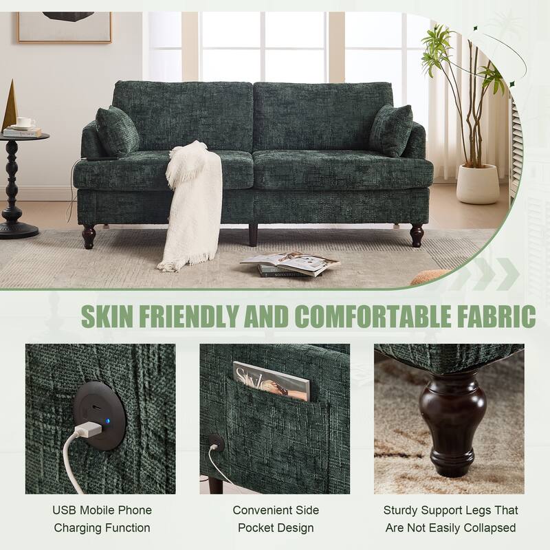 Modern Style Chenille 2-Seater Wood-Legged Sofa With Led Light,USB Charging Port And Storage Bag Living Room Bedroom Study Room