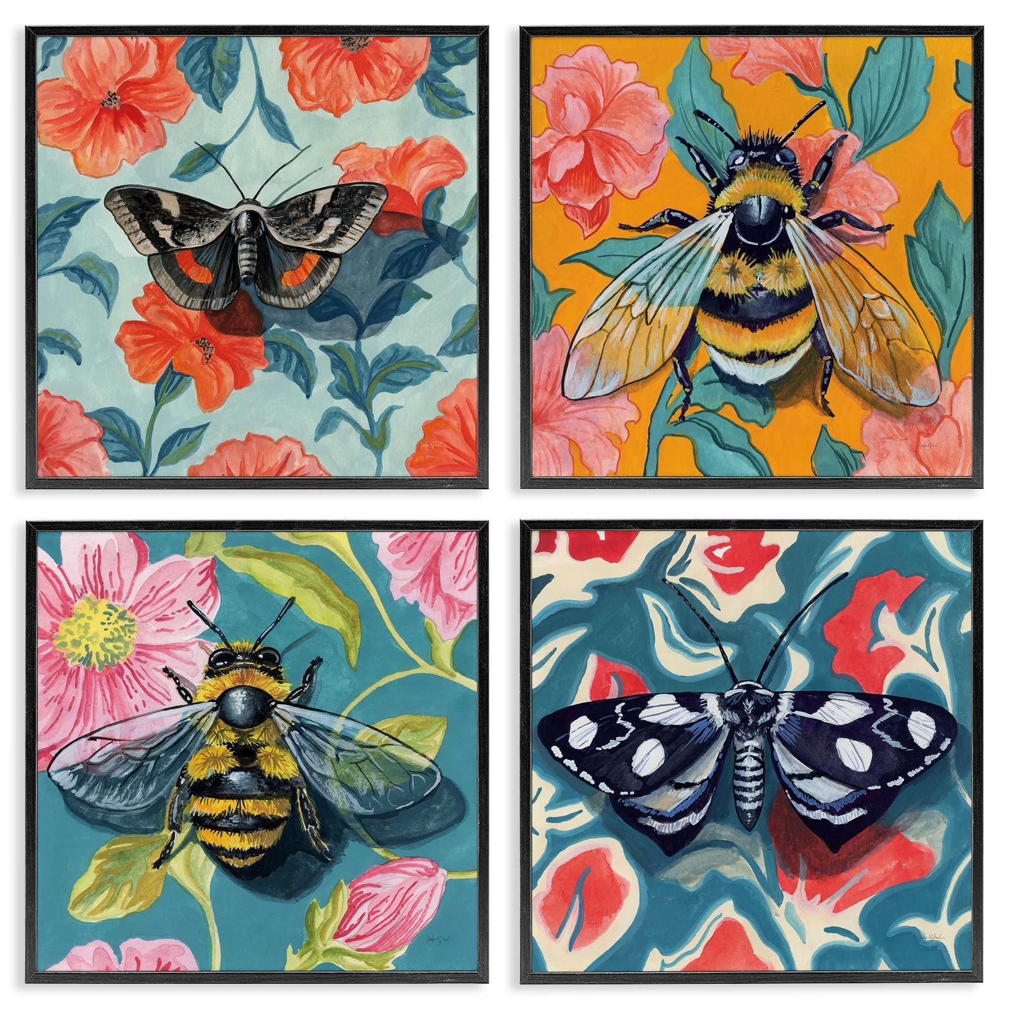 Stupell Insects on Flower Patterns Framed Giclee Art Design By Kate Jarvik Birch (Set of 4)